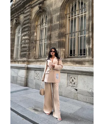 TASARIM ETİKET DETAYLI CEKET - PANTOLON TAKIM - Bej