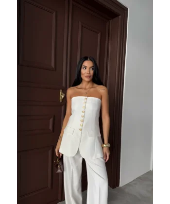 TASARIM GOLD DÜĞMELİ STRABLEZ  YELEK - Beyaz