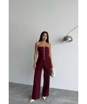 TASARIM GOLD DÜĞMELİ STRAPLEZ  YELEK - Bordo