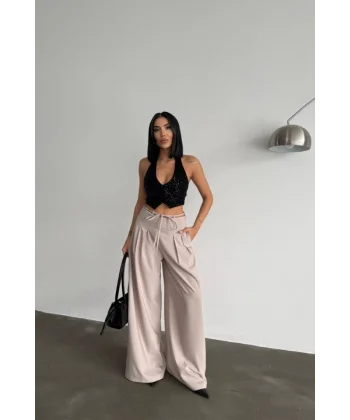 TASARIM SALAŞ  PANTOLON BEL İP DETAYLI - Bej