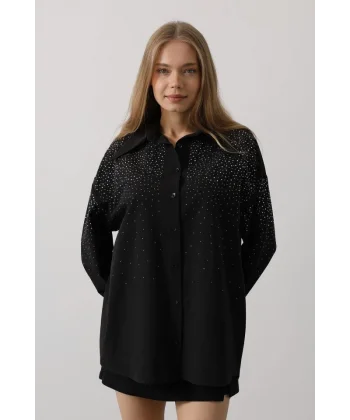 Taşlı Sivri Yaka Gömlek - Siyah