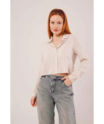 Tek Cep Çizgili Bej Kısa Gömlek