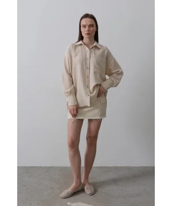 Tek Cep Çizgili Gömlek  BejTaba