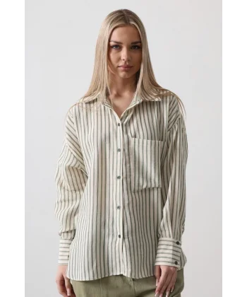 Tek Cep Çizgili Gömlek  Haki