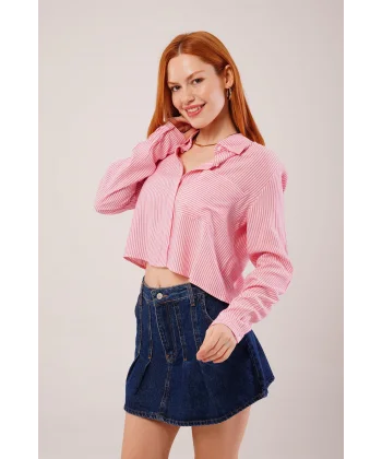 Tek Cep Çizgili Pembe Kısa Gömlek