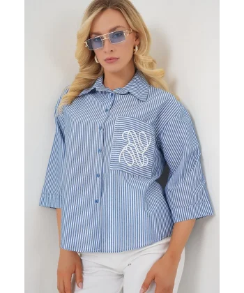 Tek Cep Nakışlı Gömlek 20328 - Lacivert