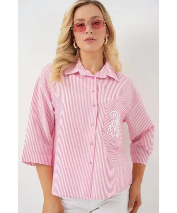 Tek Cep Nakışlı Gömlek 20328 - Pembe