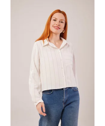 Tek Cepli Bej Çizgili Gömlek