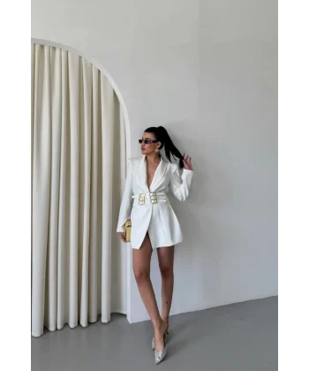 TEK DÜĞME CEKET 3 TOKALI KEMER SÜSLÜ - Beyaz