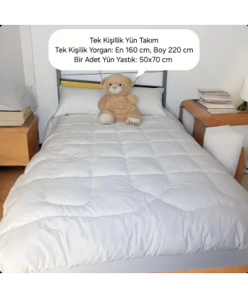 Tek Kişilik Doğal Yün Yorgan ve Yastık Takımı - Beyaz