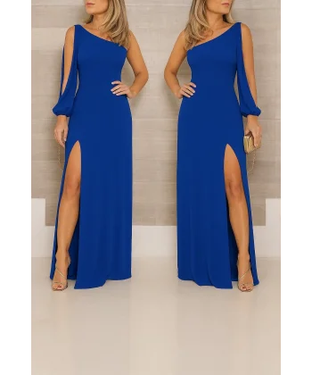 Tek Omuz Açık Derin Yırtmaçlı Krep Tam Boy Elbise