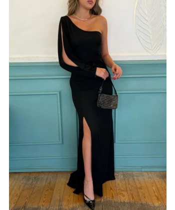 Tek Omuz Açık Derin Yırtmaçlı Krep Tam Boy Elbise