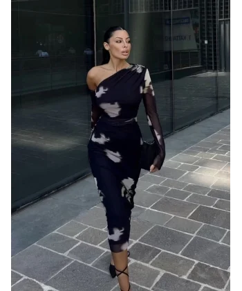 Tek Omuz asimetrik Desenli Uzun Şifon Elbise - Siyah