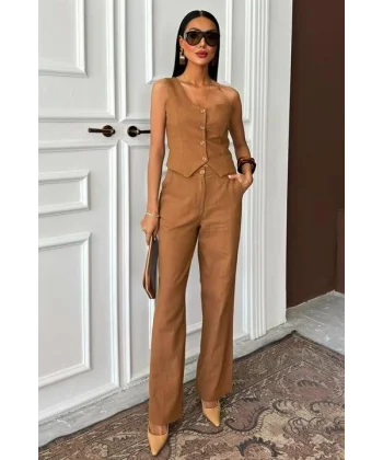 Tek Omuz Büstiyer Plazzo Pantolon Viscon Takım 10159