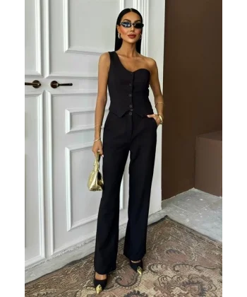 Tek Omuz Büstiyer Plazzo Pantolon Viscon Takım 10159