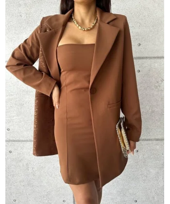 TEK TARAFI VARAK CEKET - KISA ELBİSE TAKIM - Kahverengi