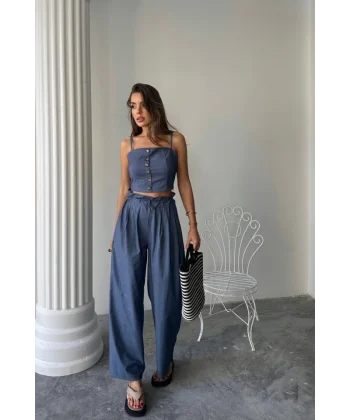 TENCEL CROP ASKILI BLUZ - ŞALVAR PANTOLON TK - İndigo