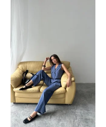 TENCEL CROP KOLSUZ GÖMLEK - PANTOLON TAKIM - İndigo