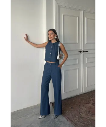 TENCEL KOLSUZ GÖMLEK - PANTOLON TAKIM - İndigo