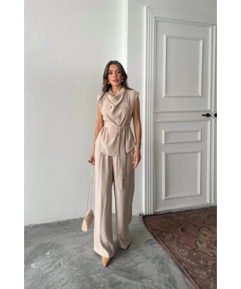 TENCEL MODAL KOLSUZ BLUZ KAPALI CEP DETAYLI DÖKÜMLÜ - PANTOLON TAKIM - Bej