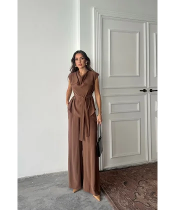 TENCEL MODAL KOLSUZ BLUZ KAPALI CEP DETAYLI DÖKÜMLÜ - PANTOLON TAKIM - Kahverengi