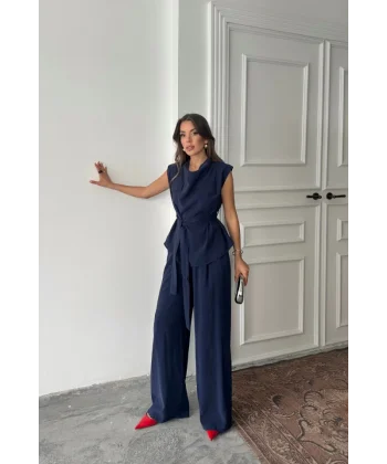 TENCEL MODAL KOLSUZ BLUZ KAPALI CEP DETAYLI DÖKÜMLÜ - PANTOLON TAKIM - Lacivert