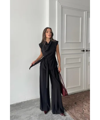 TENCEL MODAL KOLSUZ BLUZ KAPALI CEP DETAYLI DÖKÜMLÜ - PANTOLON TAKIM - Siyah