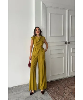 TENCEL MODAL KOLSUZ BLUZ KAPALI CEP DETAYLI DÖKÜMLÜ - PANTOLON TAKIM - Yağ Yeşili