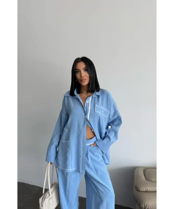 TENCEL TASARIM GÖMLEK-PANTOLON TAKIM - Mavi