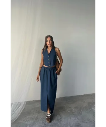 TENCEL YELEK - YIRTMAÇLI ETEK TAKIM - İndigo