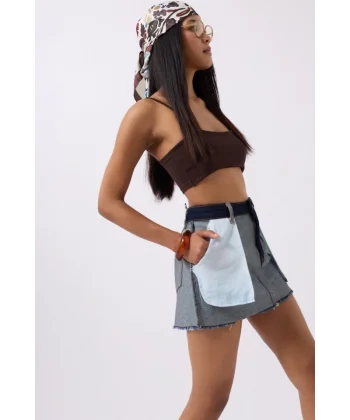 Ters Detay Denim Mini Etek