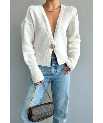 Ters Dikişli Tek Düğmeli Hırka  Krem