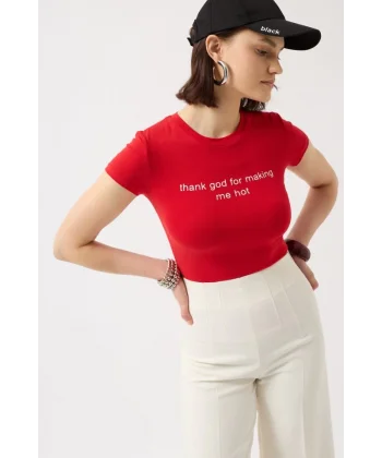Thanks God Baskılı Likralı Crop T-Shirt