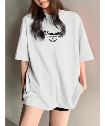 Thousand Baskılı Oversize Bisiklet Yaka T-shirt - Beyaz