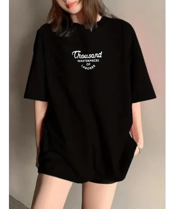 Thousand Baskılı Oversize Bisiklet Yaka T-shirt - Siyah