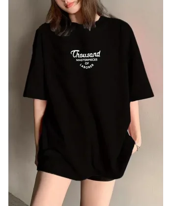 Thousand Ön Arka Baskılı Oversize Bisiklet Yaka T-shirt - Siyah