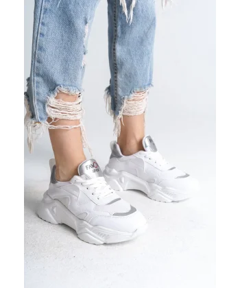 TOKYO Bağcıklı Ortopedik Taban Triko Detaylı Kadın Spor Ayakkabı  TBT - Beyaz/Gri