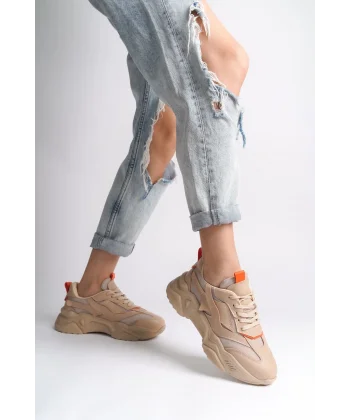 TOKYO Bağcıklı Ortopedik Taban Triko Detaylı Kadın Spor Ayakkabı  TTT - Ten/Turuncu