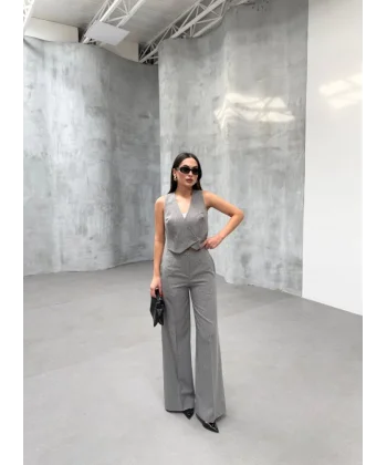 Toskana Çi̇zgi̇li̇ Kruvaze Yaka Tek Düğmeli̇ Yelek Pantolon Takim