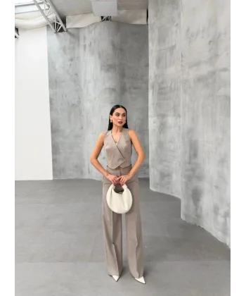 Toskana Çi̇zgi̇li̇ Kruvaze Yaka Tek Düğmeli̇ Yelek Pantolon Takim