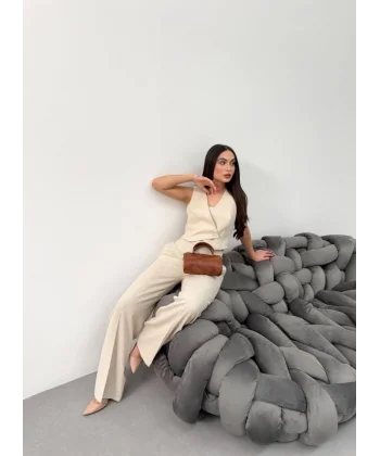 Toskana Keten Kruvaze Yaka Tek Düğmeli̇ Yelek Pantolon Takim