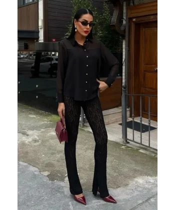 Transparan Detaylı Dökümlü Gömlek 3427