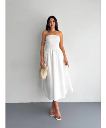 traplez Pileli Elbise  Beyaz