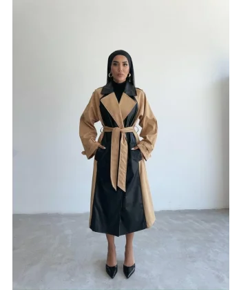 TRENCH BOYUNA DERİ PARÇALI - Bej