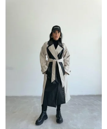 TRENCH BOYUNA DERİ PARÇALI - Taş