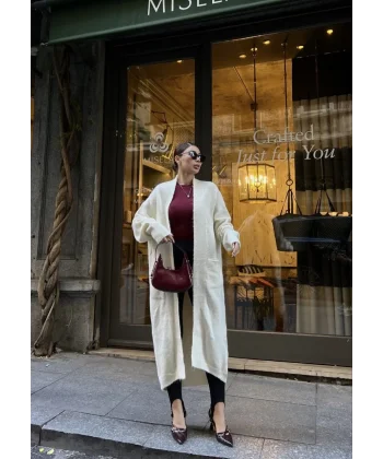 Triko Cepli Uzun Hırka- Beyaz