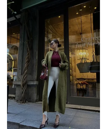 Triko Cepli Uzun Hırka- Haki