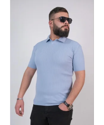 Triko Dokuma Yakalı T-shirt - Açık Mavi