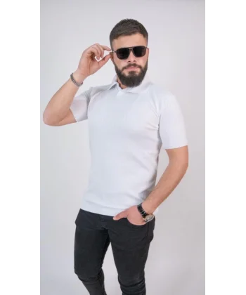 Triko Dokuma Yakalı T-shirt - Beyaz