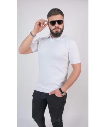 Triko Dokuma Yakalı T-shirt - Beyaz